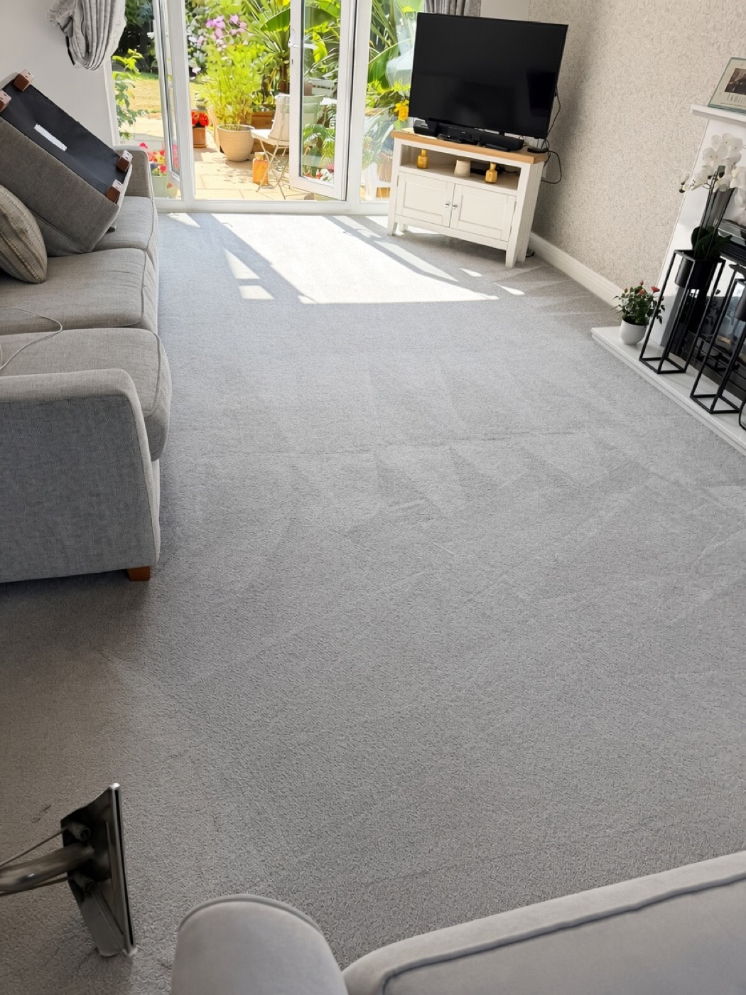 Ecologics technician steam-cleaning a living room carpet